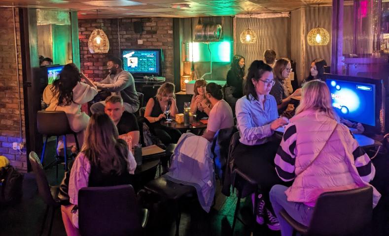 Happy customers listening to music